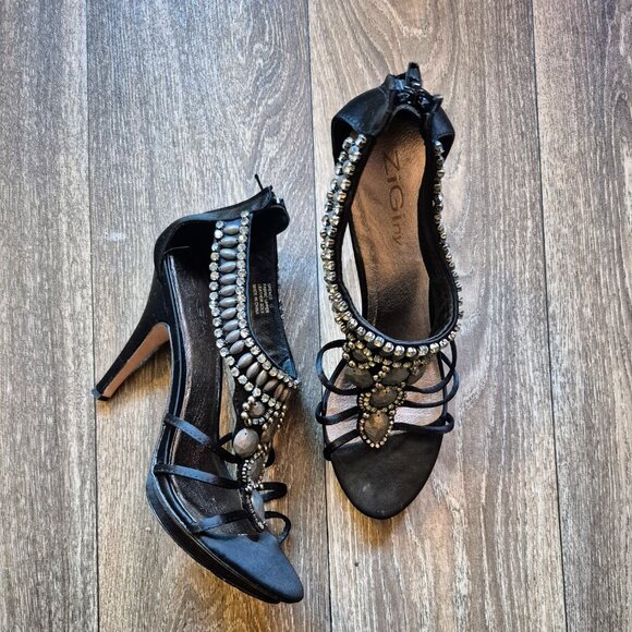 Zigi NY Black Satin Jeweled Heel, Minimally Worn, Size 10 (41EU) - Picture 3 of 7